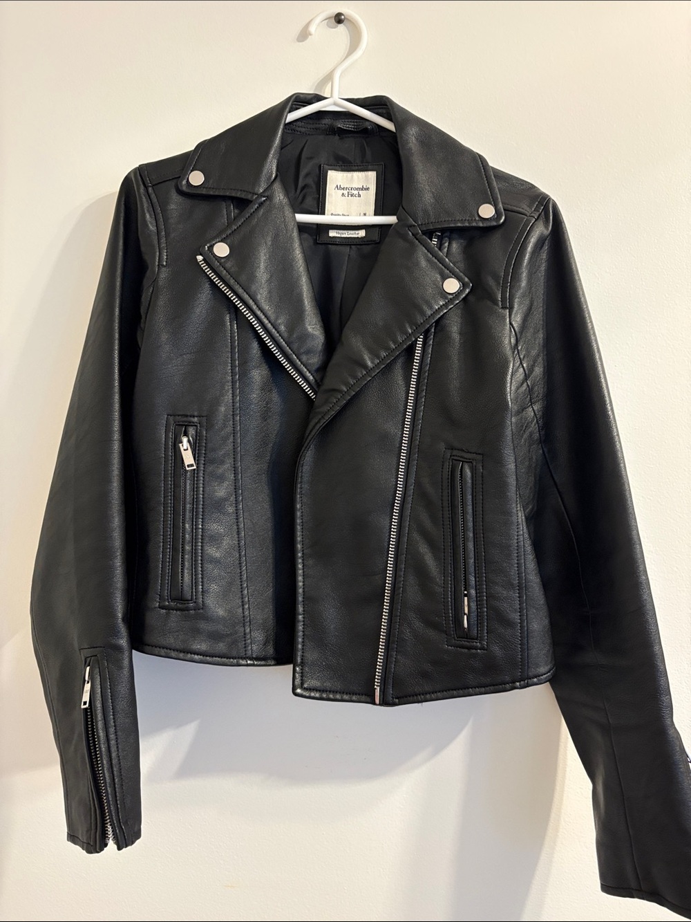 Abercrombie & Fitch Black Faux Leather Moto Jacket with Silver Hardware